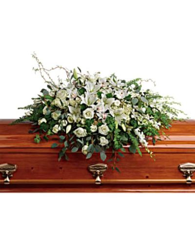 <div id="mark-1" class="m-pdp-tabs-marketing-description">Peaceful and majestic, this grand spray of snow white hydrangea, orchids, roses and lilies is a hopeful tribute to a bright life and your unending love.</div>
<div id="desc-1">This stunning spray features white hydrangea, white cymbidium orchids, white dendrobium orchids, white roses, white spray roses, white oriental lilies, curly willow, green ivy, parvifolia eucalyptus, seeded eucalyptus, silver dollar eucalyptus, sword fern, and lemon leaf.</div>
