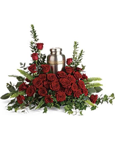 <div class="m-pdp-tabs-description">
<div id="mark-1" class="m-pdp-tabs-marketing-description">Elegant red roses and delicate greenery are a breathtaking way to display and honor the cremation urn.</div>
</div>
<p id="arrngDescp">Red roses are arranged with myrtle, green ivy, sword fern, silver dollar eucalyptus, and lemon leaf. Arrangement does not include urn.</p>