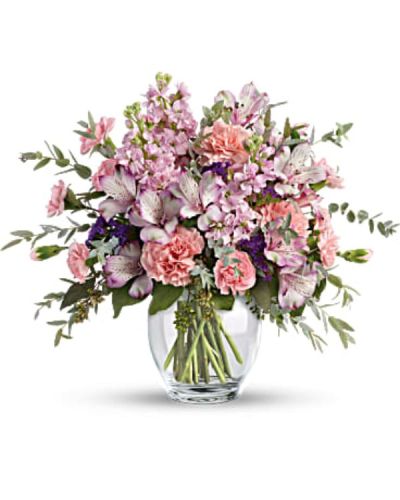 <div class="m-pdp-tabs-description">
<div id="mark-3" class="m-pdp-tabs-marketing-description">Oh so soft and divinely delicate, this perfect pastel bouquet is pretty as can be. Delivered in a classic ginger jar, the graceful arrangement of roses, alstroemeria, carnations and stock is a welcome surprise on any occasion.</div>
</div>
<p id="arrngDescp">This pretty arrangement includes crème roses, lavender alstroemeria, pink carnations, miniature pink carnations, pink stock, purple sinuata statice, parvifolia eucalyptus, and seeded eucalyptus.</p>