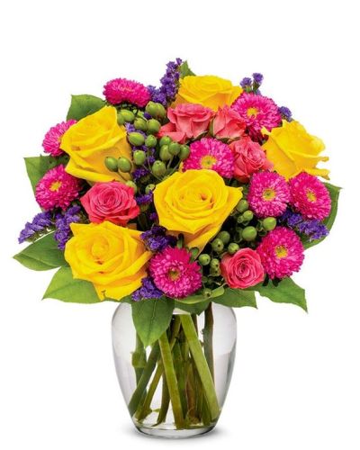 <p>Gushing with vibrant colors, this unique flower arrangement resembles the morning sky. Bright Happy Bouquet is sure to bring any home or office to life with its hot pinks, sweet yellows, pretty purples and its generous cascade of greens. This noteworthy flower arrangement is becomes even more special during the spring and summer months, as weather compliments its warmth.</p>