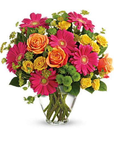 <div id="mark-3" class="m-pdp-tabs-marketing-description">Encourage someone to follow their rainbow with this bright, vivacious bouquet. Featuring hot pink gerbera daisies and orange roses, the youthful arrangement pops with summery fun!</div>
<div id="desc-3">
<ul>
<li>Hot pink gerbera, bi-color orange roses, orange spray roses, green button mums and bupleurum are presented in a clear glass vase.</li>
</ul>
</div>
