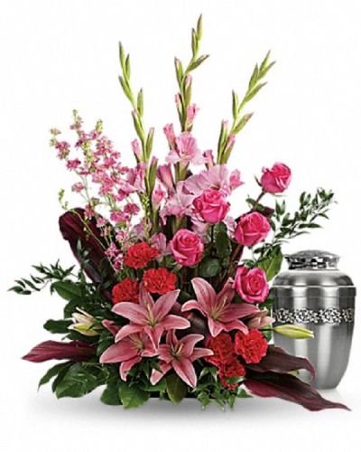 <div class="m-pdp-tabs-description">
<div id="mark-1" class="m-pdp-tabs-marketing-description">Share your heartfelt feelings on the loss of someone special with this feminine arrangement of pink roses, lilies and gladioli. It's a rich reminder of your love at the memorial service.</div>
</div>
<p id="arrngDescp">This feminine arrangement features hot pink roses, pink asiatic lilies, pink gladioli, hot pink carnations, pink larkspur, red ti leaves, Italian ruscus and lemon leaf.</p>
Arrangement does not include urn.