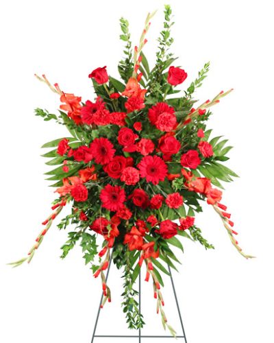 <p>Celebrate the brilliant life of a lost loved one with a standing spray that truly exhibits their vibrant spirit. The Forever Missing You standing spray showcases Gerbera daisies, carnations, and roses in dazzling reds that radiantly contrast with the luscious myrtle and ivy; giving it the power to ease the minds and comfort the souls of those who are grieving. The Forever Missing You standing spray adds warmth to any funeral service, memorial, or wake.</p>